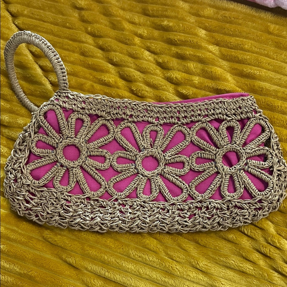 Pink and Tan Crochet Flower Handbag